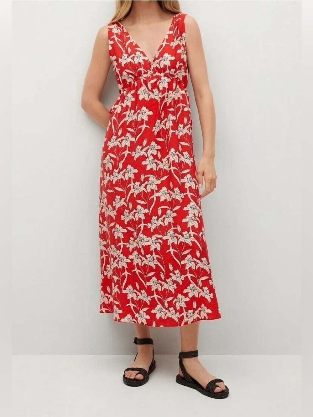 Mango Red Floral V-Neck Maxi Dress